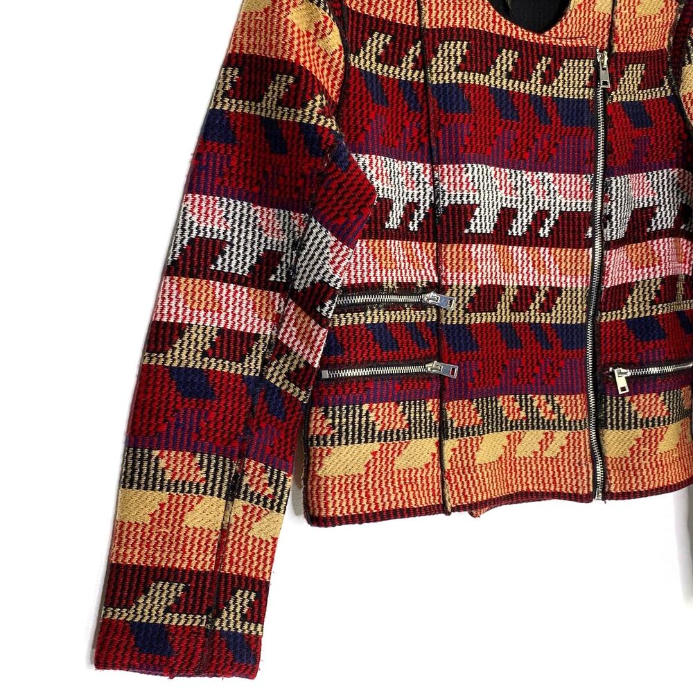 Maje Aztec Moto Jacquard Jacket Asymmetric Zip Front Sz 38 Medium Quiet Luxury - Picture 6 of 12